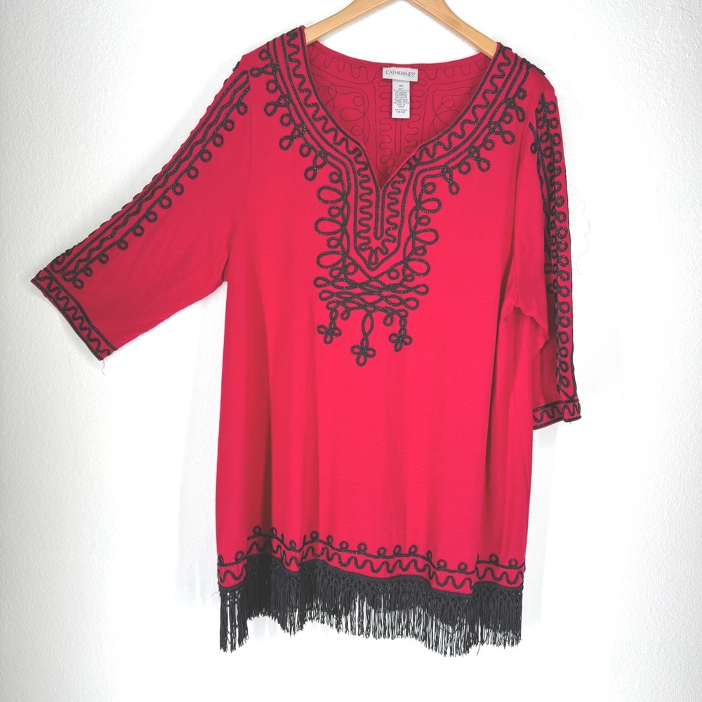 Vintage Soutache Embroidered Fringe Tunic‎ Top Plus 0X Red Stretch 90s Western